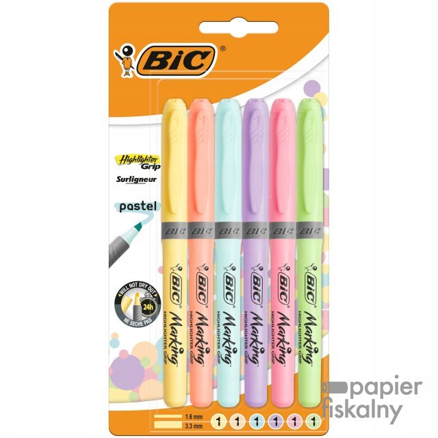 Zakreślacze BIC Highlighter Grip Pastel mix Blister 6szt, 992561