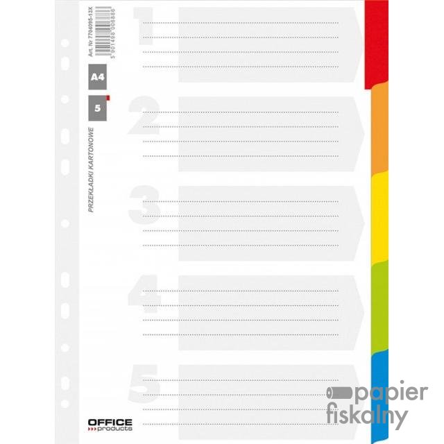 Przekładki OFFICE PRODUCTS, karton, A4, 227x297mm, 5 kart, lam. indeks, mix kolorów