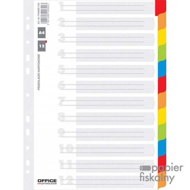 Przekładki OFFICE PRODUCTS, karton, A4, 227x297mm, 12 kart, lam. indeks, mix kolorów