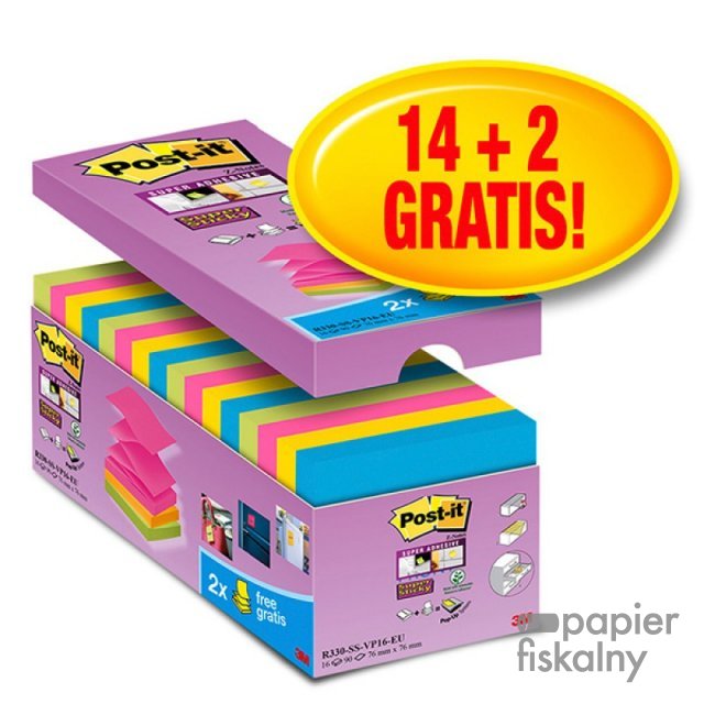 Karteczki samoprzylepne POST-IT® Super sticky Z-Notes (R330-SS-VP16), 76x76mm, 14x90 kart., mix kolorów, 2 bloczki gratis