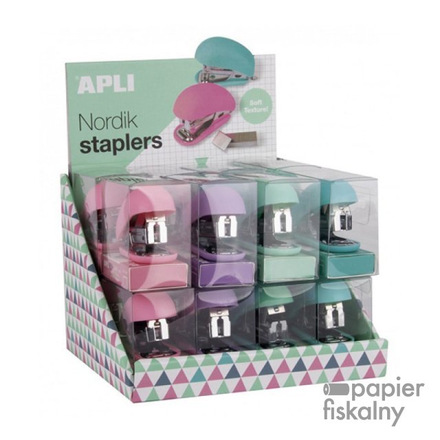 Zszywacz APLI Nordik, Soft Touch, 30 kart., zszywki, pudełko z zawieszką, mix kolorów pastel