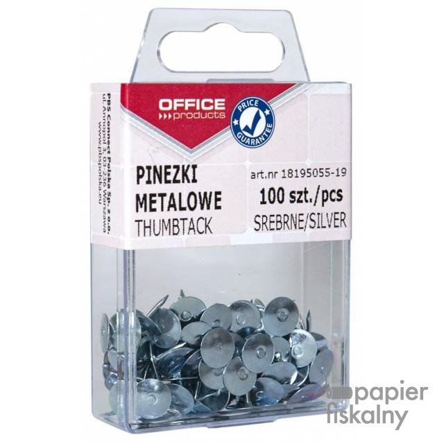 Pinezki metalowe OFFICE PRODUCTS, w pudełku, 100szt., srebrne