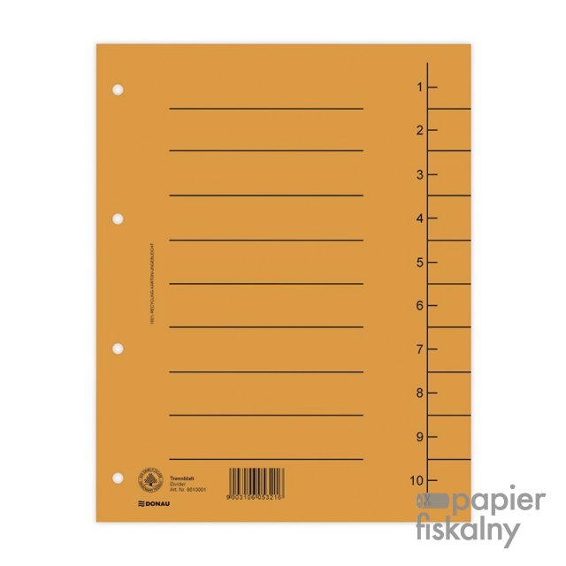Przekładka DONAU, karton, A4, 235x300mm, 1-10, 1 karta, pomarańczowa