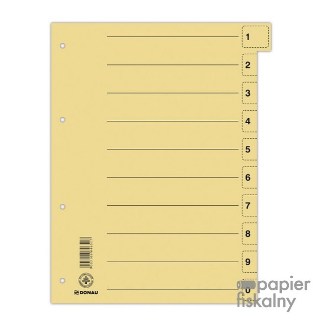 Przekładka DONAU, karton, A4, 235x300mm, 0-9, 1 karta z perforacją, żółta