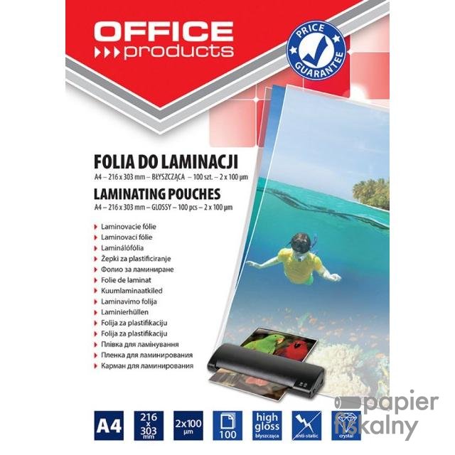 Folia do laminowania OFFICE PRODUCTS, A4, 2x100mikr., błyszcząca, 100szt., transparentna