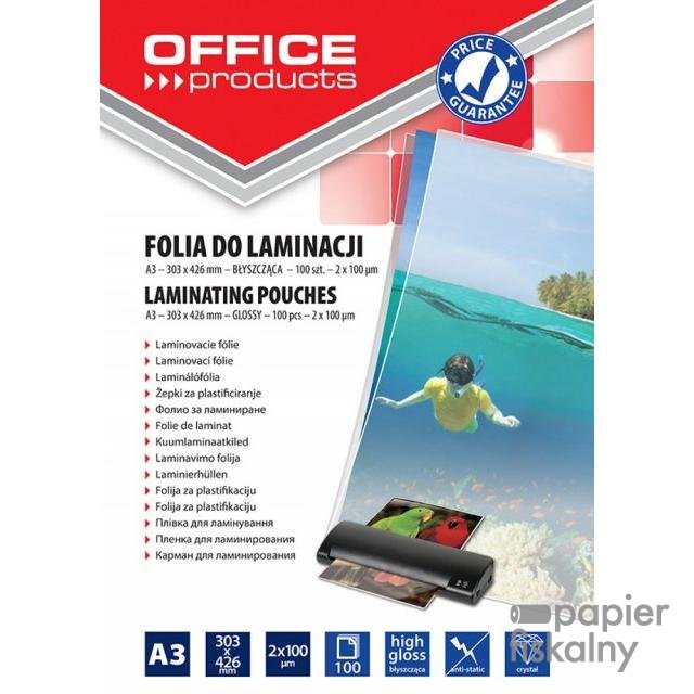 Folia do laminowania OFFICE PRODUCTS, A3, 2x100mikr., błyszcząca, 100szt., transparentna