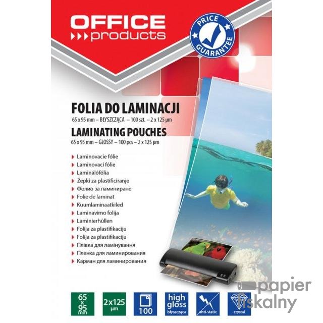 Folia do laminowania OFFICE PRODUCTS, 65x95mm, 2x125mikr., błyszcząca, 100szt., transparentna