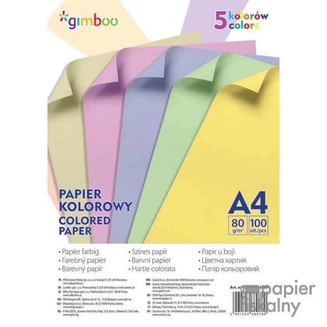 Papier kolorowy GIMBOO, A4, 100 arkuszy, 80gsm, 5 kolorów pastelowych