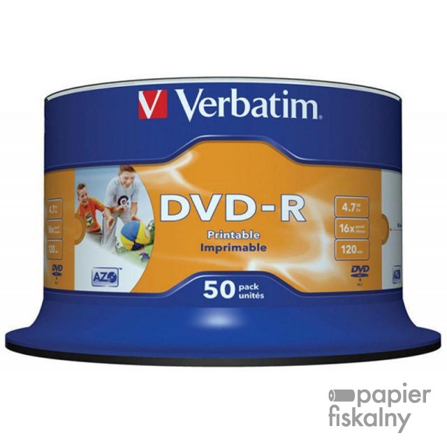 Płyta DVD-R VERBATIM AZO, 4,7GB, prędkość 16x, cake, 50szt., do nadruku