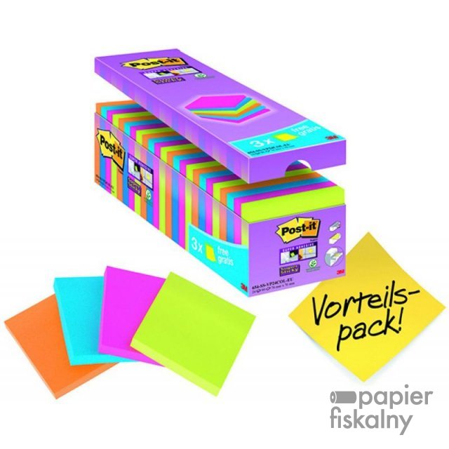 Karteczki samoprzylepne POST-IT® Super Sticky (654-SS-VP24COL), 76x76mm, 24x90 kart., mix kolorów, 3 Karteczki GRATIS