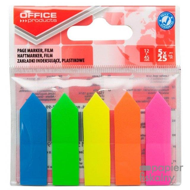 Zakładki indeksujące OFFICE PRODUCTS, strzałka, PP, 12x45mm, 5x25 kart., zawieszka, mix kolorów