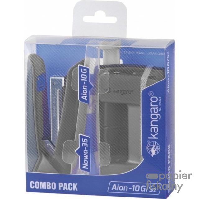 Zestaw zszywacz Nowa-35 + dziurkacz Aion-10G, pudełko z zawieszką, metaliczny szary