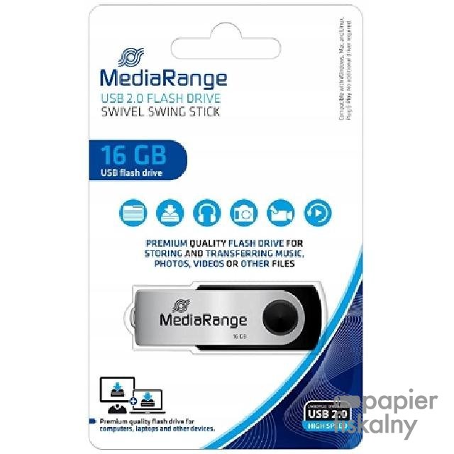 Pamięć_Pendrive MediaRange 16GB USB 2.0, obracany, srebrno-czarny, MR910