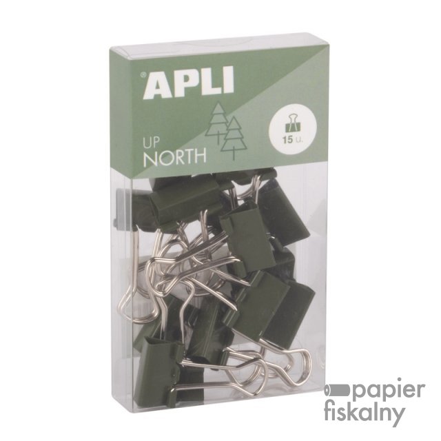 Klipy do dokumentów APLI Up North, 19mm, 15szt, pudełko z zawieszką, khaki