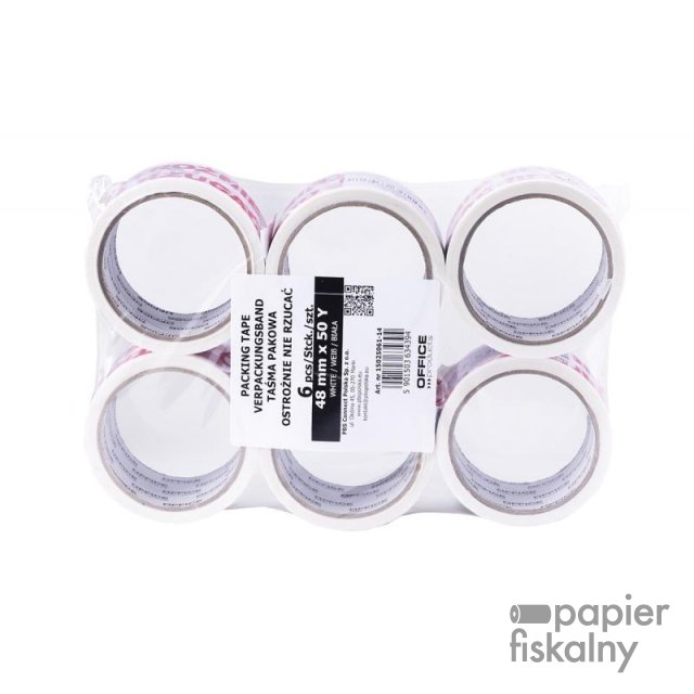 Taśma pakowa OFFICE PRODUCTS, ostrożnie nie rzucać, 48mm x 50y, 36mic, 1szt., biała