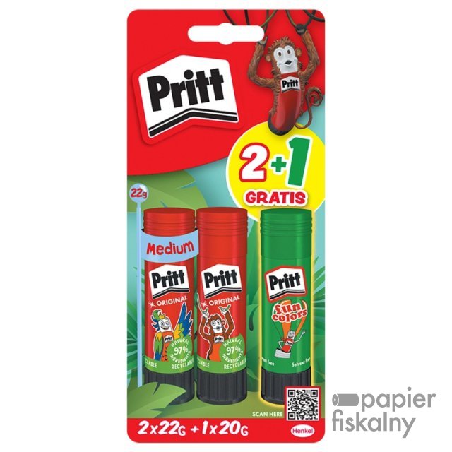 Klej w sztyfcie PRITT, 2x22g + 1x20g neon, blister, mix kolorów