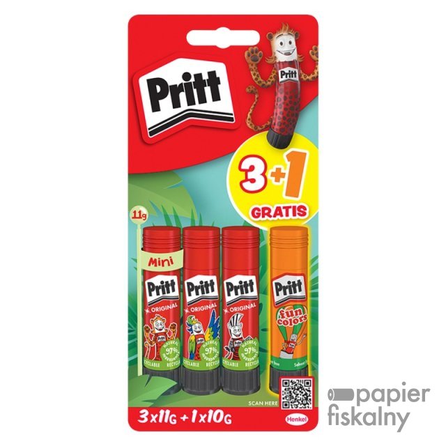 Klej w sztyfcie PRITT, 3x11g + 1x10g neon, blister, mix kolorów