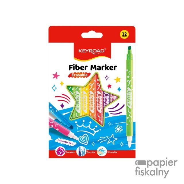 Flamastry KEYROAD Fiber Marker, wymazywalne, 12 szt., mix kolorów