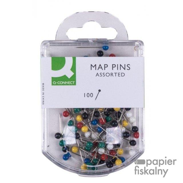 Pinezki do map Q-CONNECT, 4x20mm, w plastikowym pudełku, mix kolorów