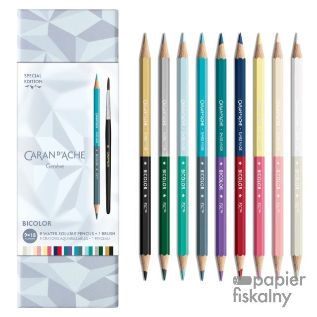 Kredki CARAN D'ACHE XMAS25 Alpine Frost Bicolor, 9 szt., pędzelek, w pudełku, mix kolorów