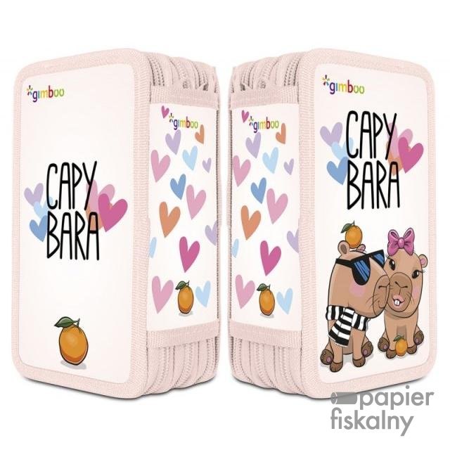 Piórnik szkolny GIMBOO, z wyposażeniem, 3 komory, Kapibara 2025, różowy