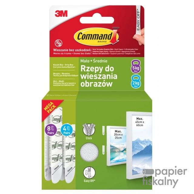 Rzepy COMMAND™ (17203WHI-12-PTGR-VP), do wieszania obrazów, małe i średnie, zestaw 4+8 par (24 rzepy), białe